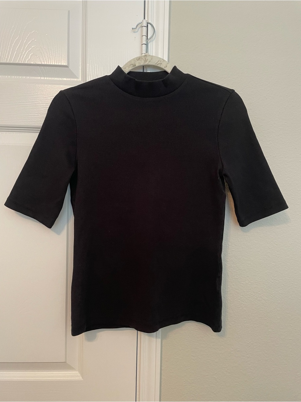 Anthropologie Maeve Mock Neck Ribbed Elbow Sleeve Top - Black